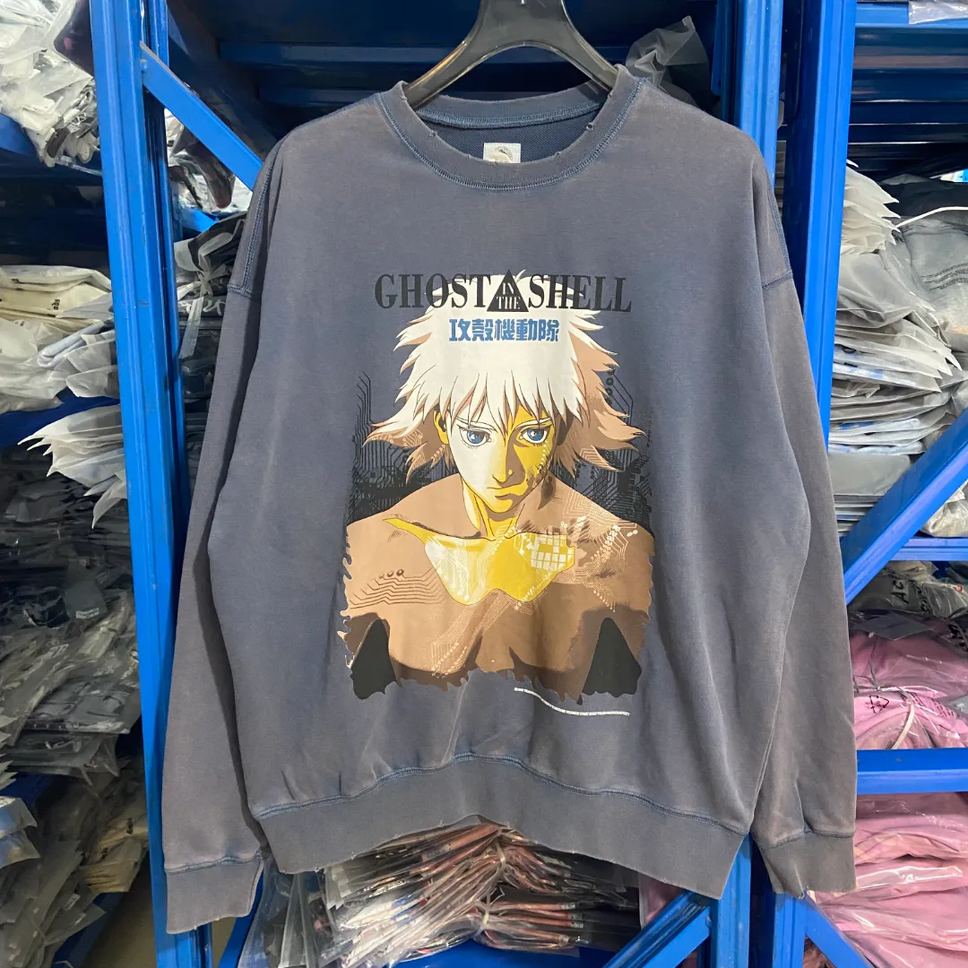 Saint Michael GHOST IN THE SHELL Retro Washed Distressed Thin Round Neck Sweatshirt Fabric: 390g terry Style Number: SM618 Size: S-M-L-XL Color: Washed Blue Price: P198